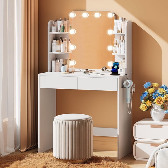 Akaber Makeup Vanity with Mirror and LED Lights, 3 Color Lighting, Power Outlet, Small Vanity Desk with 2 Drawers, 6 Shelves, Dressing Table for Small Spaces
