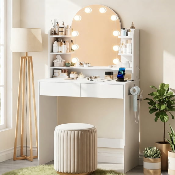Akaber Makeup Vanity with Mirror and LED Lights, 3 Color Lighting, Power Outlet, Small Vanity Desk with 2 Drawers, 6 Shelves, Dressing Table for Small Spaces