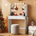 thumbnail image 1 of Akaber Makeup Vanity with Mirror and LED Lights, 3 Color Lighting, Power Outlet, Small Vanity Desk with 2 Drawers, 6 Shelves, Dressing Table for Small Spaces, 1 of 9