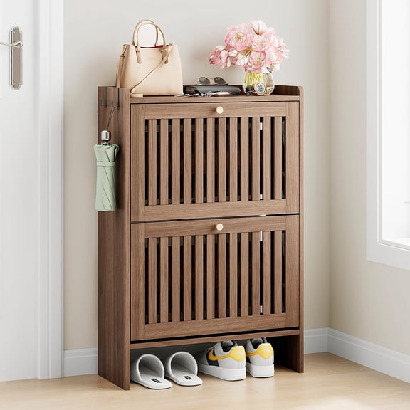 Akaber Modern Slatted Shoe Cabinet with 2 Flip Drawers, Slim Shoe Storage Cabinet for Entryway