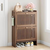 Akaber Modern Slatted Shoe Cabinet with 2 Flip Drawers, Slim Shoe Storage Cabinet for Entryway