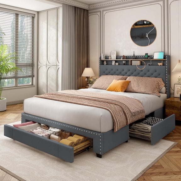Akaber Queen-Size Upholstered Platform Bed Frame with 2-Tier Storage Headboard, 3 Drawers, USB Port, LED Lights, Gray