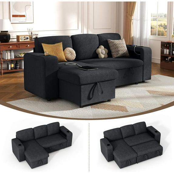 Akaber Sectional Sleeper Sofa, 3 Seats Modular L Shaped Cloud Couch with Pull Out Sofa Bed, Storage Chaise, USB Charging, Adjustable Backrest
