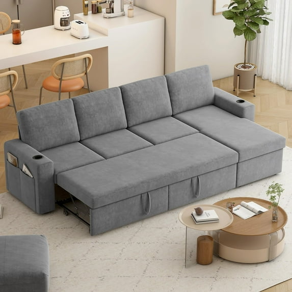 Akaber Sofa Bed 103" L-Shaped Sectional Sleeper Sofa with Storage Chaise, Pull Out Couch - Cup Holders, Side Pockets for Living Room