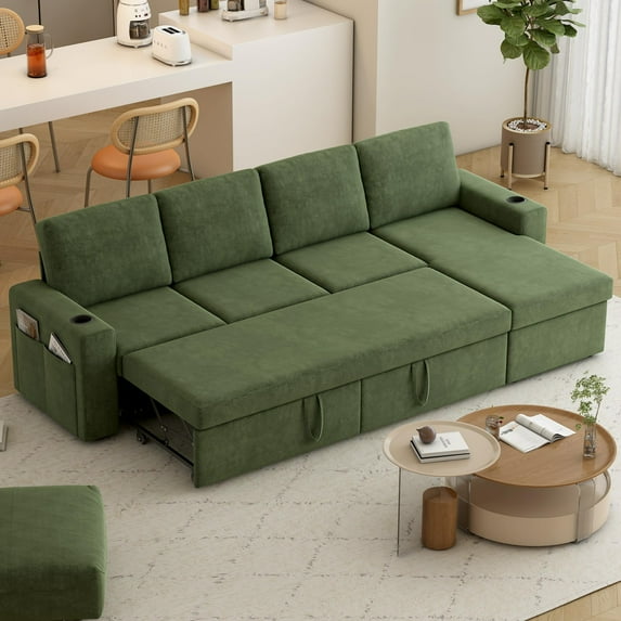 Akaber Sofa Bed 103" L-Shaped Sectional Sleeper Sofa with Storage Chaise, Pull Out Couch - Cup Holders, Side Pockets for Living Room
