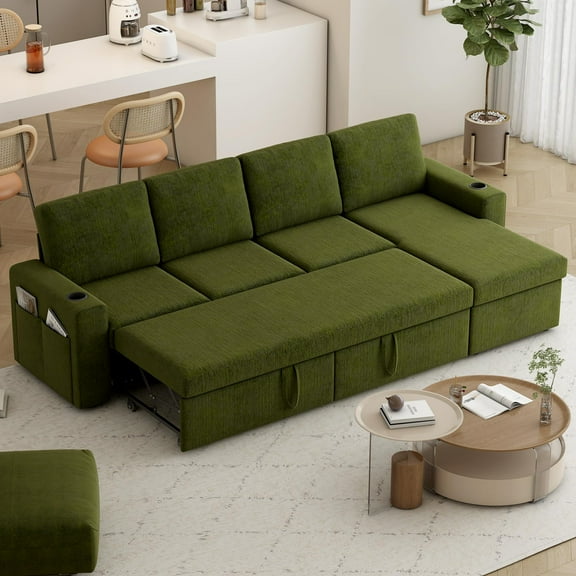 Akaber Sofa Bed 103" L-Shaped Sectional Sleeper Sofa with Storage Chaise, Pull Out Couch - Cup Holders, Side Pockets for Living Room