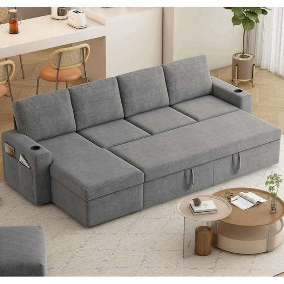 Akaber Sofa Bed, 103" L-Shaped Sectional Sleeper Sofa with Storage Chaise, Pull Out Couch, Cup Holders, Side Pockets