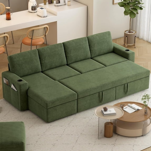 Akaber Sofa Bed, 103" L-Shaped Sectional Sleeper Sofa with Storage Chaise, Pull Out Couch, Cup Holders, Side Pockets