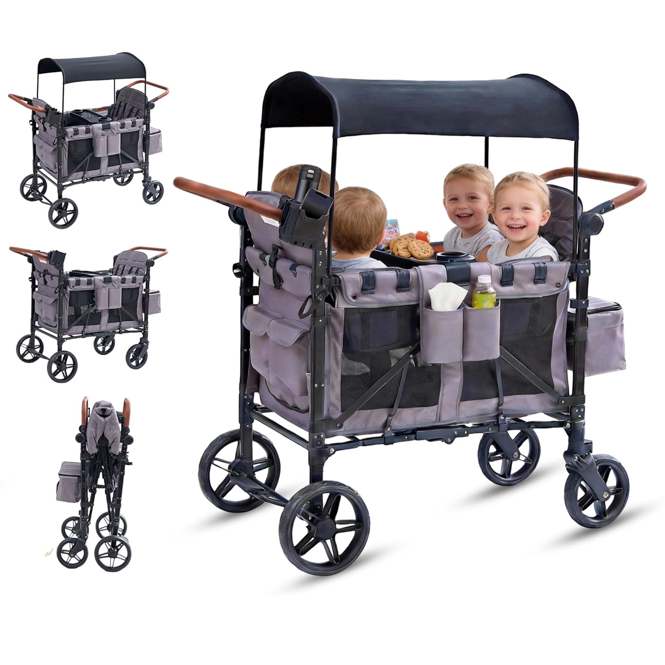 Akaber Stroller Wagon for 4 Kids, Foldable 4 Seater Wagon Stroller with Snack Tray, Removable Canopy, Large Storage Bag, Phone Cup Holder, Adjustable Push Handles