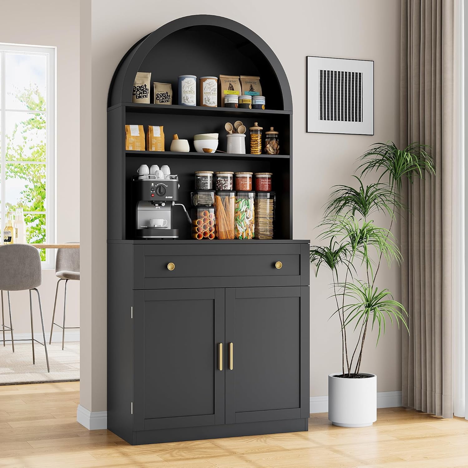 Akaber 71" Tall Arched Kitchen Pantry Cabinet, Modern Kitchen Storage Cabinets with Hidden Drawer and Spacious Countertop, Wooden Storage Pantry Cabinet for Living Room, Dining Room, Black