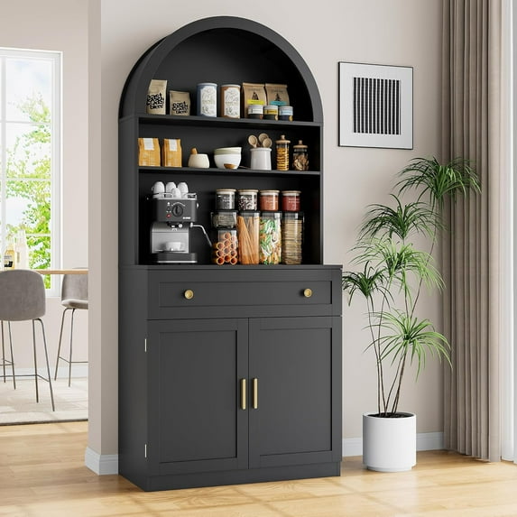 Akaber 71" Tall Arched Kitchen Pantry Cabinet, Modern Kitchen Storage Cabinets with Hidden Drawer and Spacious Countertop, Wooden Storage Pantry Cabinet for Living Room, Dining Room, Black