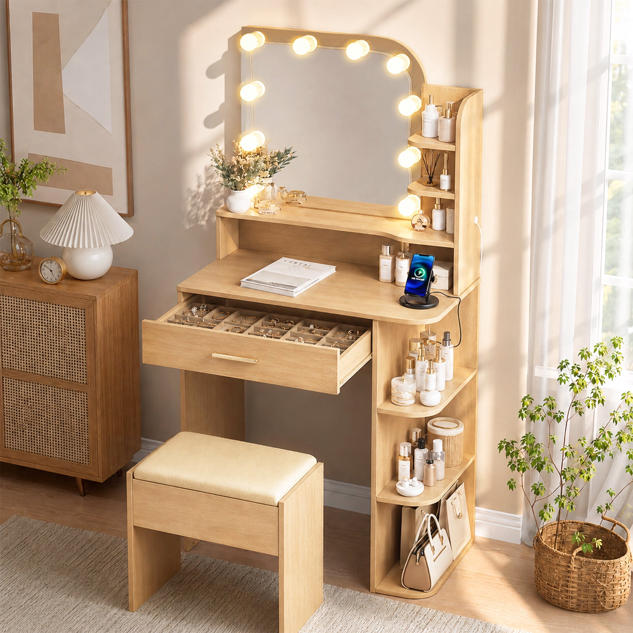 small dressing table design Akaber, Vanity Set with Mirror and Lights, White, Compact 26.4