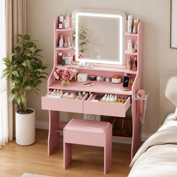 Pink Vanity Set with Mirror and Lights, Akaber Makeup Vanity Desk with Chair, Charging Station, Vanity for Women