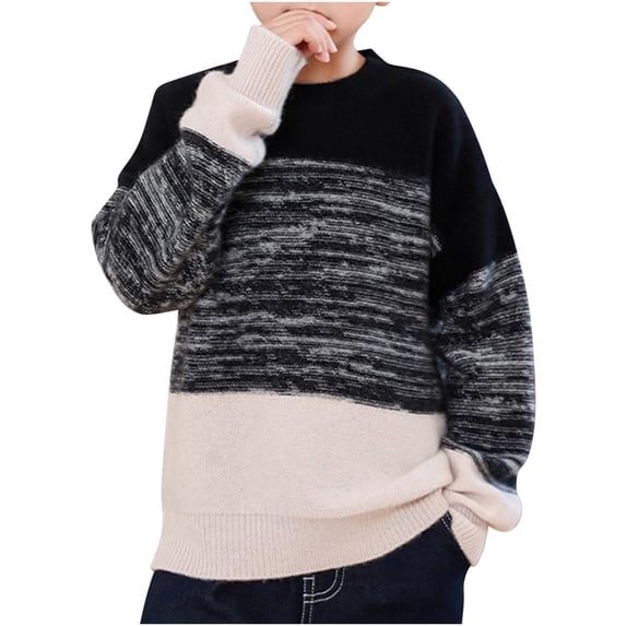 Akafmk Boys Fall Crewneck Sweater,Soft Lightweight Knit Tops,Fashion Round Neck Stripe Print Knit Sweater Long Sleeve Pullover Sweater 10-12 Years