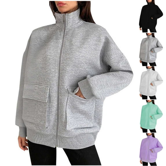 Akafmk Fall/Winter Oversized Women's Zip Up Sweatshirt,Womens Casual Sweatshirt,Solid Color Long Sleeve Casual Daily Wear Workout Athleisure Jacket