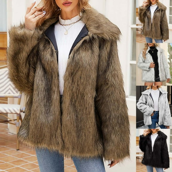 Akafmk Fall/Winter Women's Faux Furs Coat,Oversized Windproof Warmth Furs Jacket,Solid Color Long Sleeve Winter Work Coat Evening Party Furs Jacket