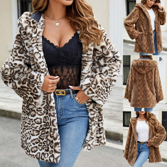 Akafmk Fall/Winter Women's Faux Furs Coat,Oversized Windproof Warmth Long Furs Jacket,Print Long Sleeve Winter Work Coat Evening Party Furs Jacket