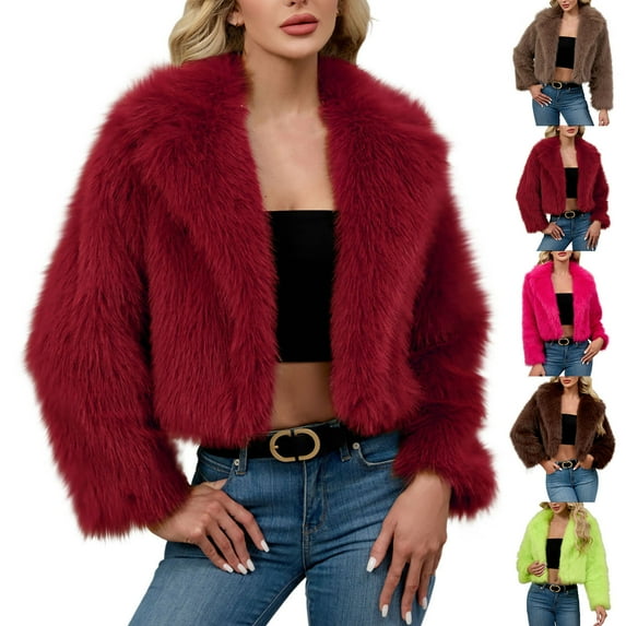 Akafmk Fall/Winter Women's Faux Furs Coat,Windproof Warmth Cropped Furs Jacket,Solid Color Long Sleeve Winter Work Coat Evening Party Furs Jacket