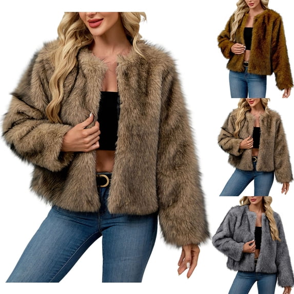 Akafmk Fall/Winter Women's Faux Furs Coat,Windproof Warmth Cropped Furs Jacket,Solid Color Long Sleeve Winter Work Coat Evening Party Furs Jacket