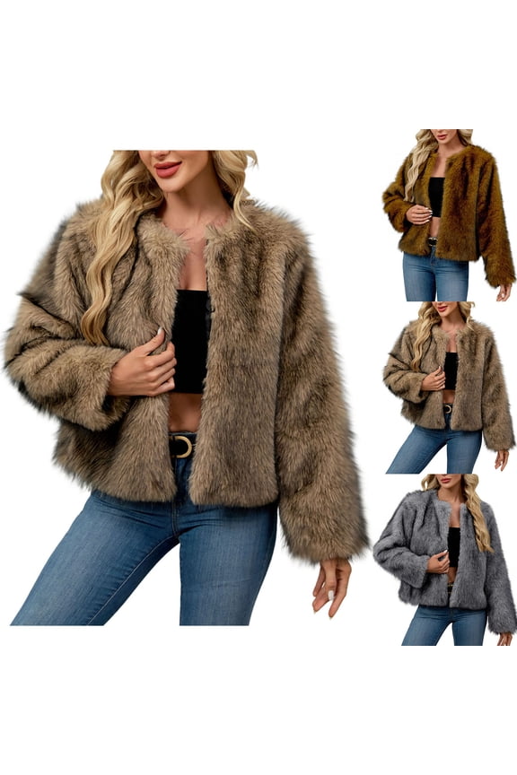 Fall/Winter Women's Faux Furs Coat,Windproof Warmth Cropped Furs Jacket,Solid Color Long Sleeve Winter Work Coat Evening Party Furs Jacket