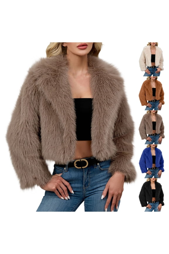 Fall/Winter Women's Faux Furs Coat,Windproof Warmth Cropped Furs Jacket,Solid Color Long Sleeve Winter Work Coat Evening Party Furs Jacket
