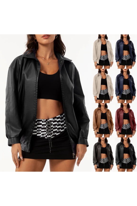 Fall/Winter Women's Leather Jacket,Oversized Biker Coat Motorcycle Jackets,Solid Color Long Sleeve Office Leather Blazer Streetwear Moto Jacket