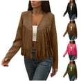 thumbnail image 1 of Akafmk Fall/Winter Womens Cropped Tassel Jackets,Casual Faux Suede Leather Jacket,Solid Color Long Sleeve Tassel Cardigan Jacket, 1 of 4