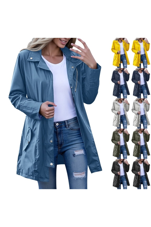 Fall/Winter Womens Trench Coats,Womens Waterproof Double-Breasted Knee-Length Trench Coat,Solid Color Long Sleeve Loose Outdoor Windbreaker Hiking Jackets