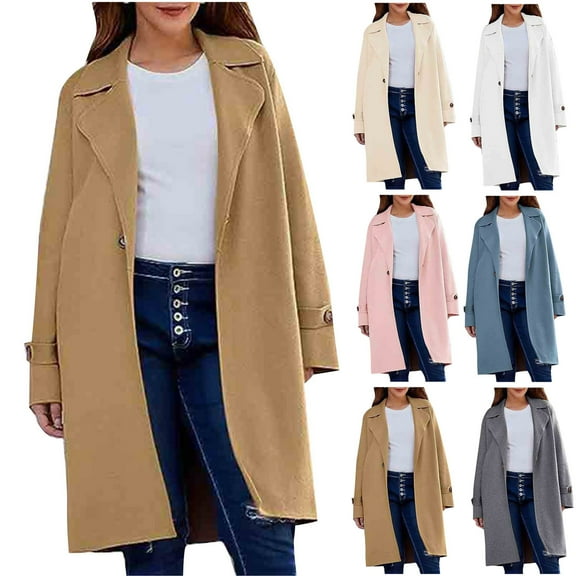 Akafmk Fall/Winter Womens Trench Coats,Womens Waterproof Double-Breasted Knee-Length Trench Coat,Solid Color Long Sleeve Loose Outdoor Windbreaker Hiking Jackets