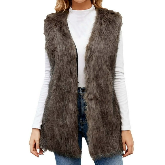 Akafmk Faux Furs Vests for Women,Sleeveless Winter Warm Jacket Coats,Womens Ladies Warm Faux Furry Long Coat Jacket Winter Solid V-neck Outerwear Coats Vests for Fall and Winter