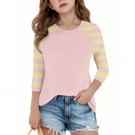 Akafmk Girls Casual Undershirt,Comfortable Lightweight Basic Shirts,Fashion Round Neck Stripe Print Undershirt Long Sleeve Underscrubs Basic Tee 13-14 Years