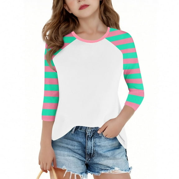 Akafmk Girls Casual Undershirt,Comfortable Lightweight Basic Shirts,Fashion Round Neck Stripe Print Undershirt Long Sleeve Underscrubs Basic Tee 4-5 Years