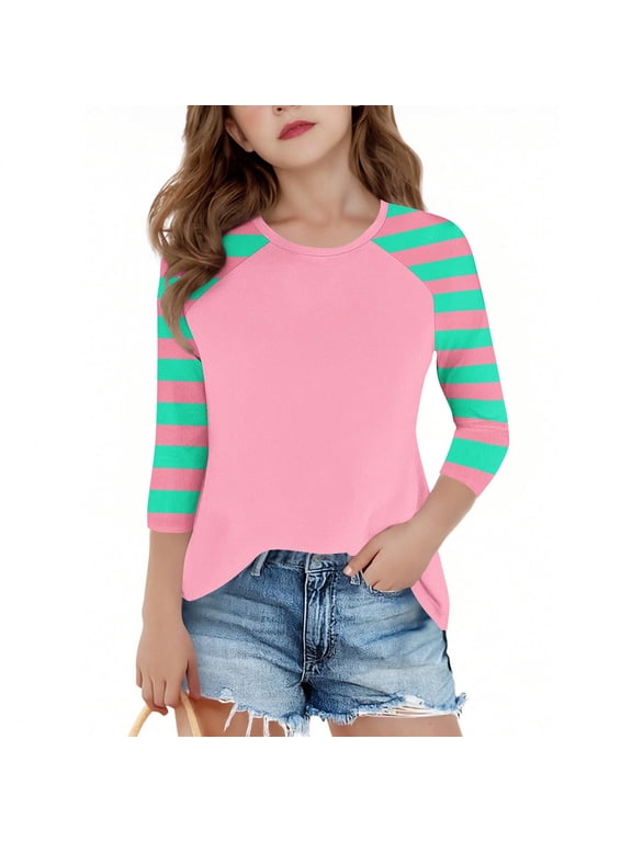 Girls Casual Undershirt,Comfortable Lightweight Basic Shirts,Fashion Round Neck Stripe Print Undershirt Long Sleeve Underscrubs Basic Tee 7-8 Years