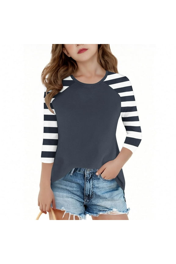 Girls Casual Undershirt,Comfortable Lightweight Basic Shirts,Fashion Round Neck Stripe Print Undershirt Long Sleeve Underscrubs Basic Tee 9-10 Years