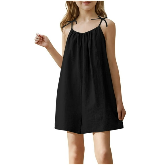 Akafmk Linen Rompers Shorts,Summer Lightweight Solid Color Pleated Loose Casual Capris with Side Pockets,Breathable One-Piece Athletic Bottoms (Toddler Girl's or Girl's),Sizes 4-16 Years
