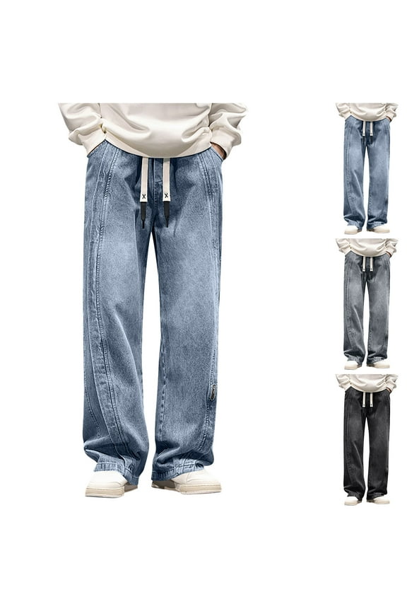 Men's Relaxed Fitting Jeans Casual Wide-Leg Pants Solid Color Loose Denim Pants Carpenter Jeans with Pockets Black 3XL