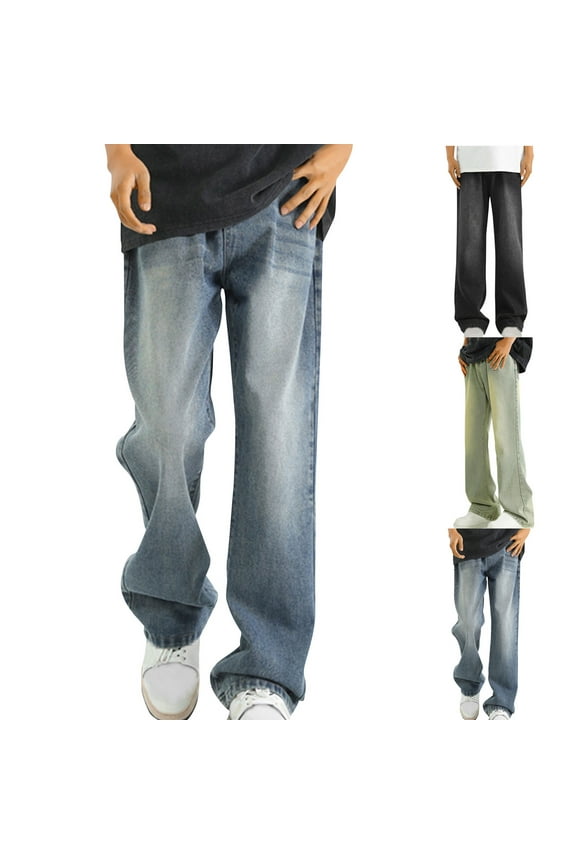 Men's Relaxed Fitting Jeans Casual Wide-Leg Pants Solid Color Loose Denim Pants Carpenter Jeans with Pockets Black L