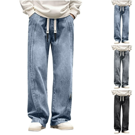 Akafmk Men's Relaxed Fitting Jeans Casual Wide-Leg Pants Solid Color Loose Denim Pants Carpenter Jeans with Pockets Blue 2XL