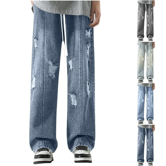 Akafmk Men's Relaxed Fitting Jeans Casual Wide-Leg Pants Solid Color Loose Denim Pants Carpenter Jeans with Pockets Blue M