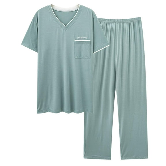 Akafmk Men's Short Sleeve Pajama Sets,Cotton Pajamas for Men Set,Short Sleeve Sleep Tops and Sleepwear Pants 2 Piece Loungewear Set Soft Comfy Nightwear