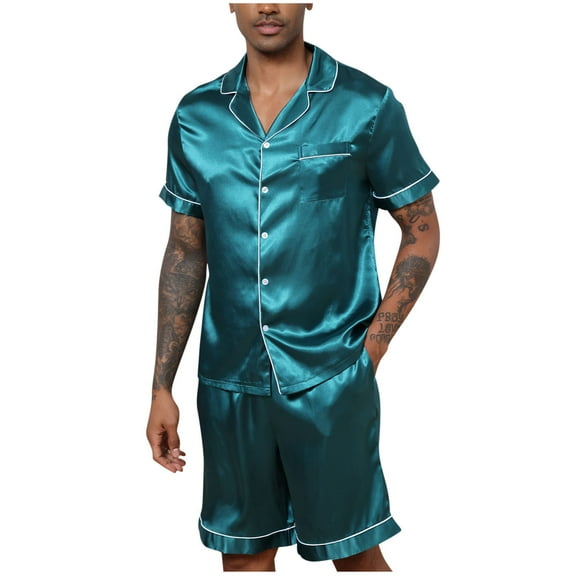 Akafmk Men's Short Sleeve Pajama Sets,Silk Pajamas for Men Set,Short Sleeve Sleep Tops and Sleepwear Shorts 2 Piece Loungewear Set Soft Comfy Nightwear