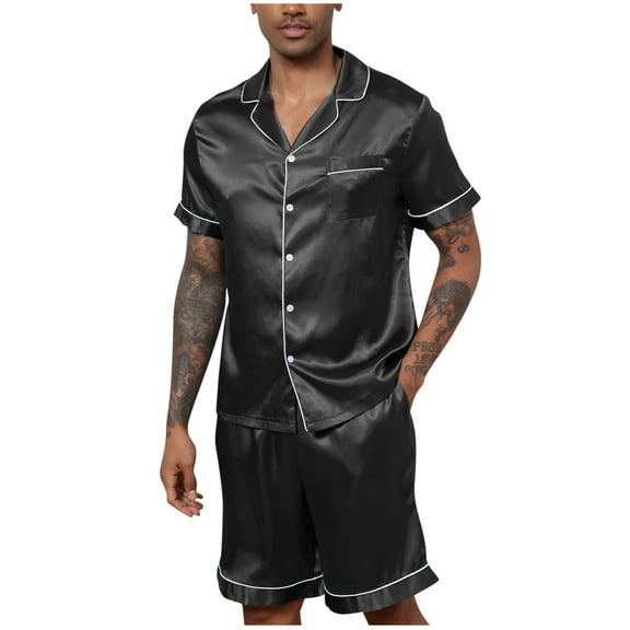 Akafmk Men's Short Sleeve Pajama Sets,Silk Pajamas for Men Set,Short Sleeve Sleep Tops and Sleepwear Shorts 2 Piece Loungewear Set Soft Comfy Nightwear