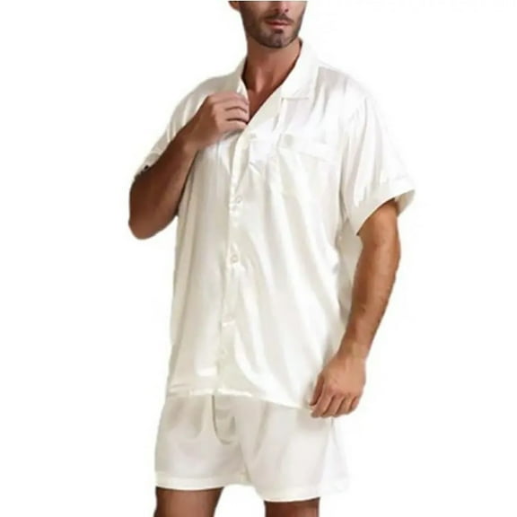 Akafmk Men's Short Sleeve Pajama Sets,Silk Pajamas for Men Set,Short Sleeve Sleep Tops and Sleepwear Shorts 2 Piece Loungewear Set Soft Comfy Nightwear