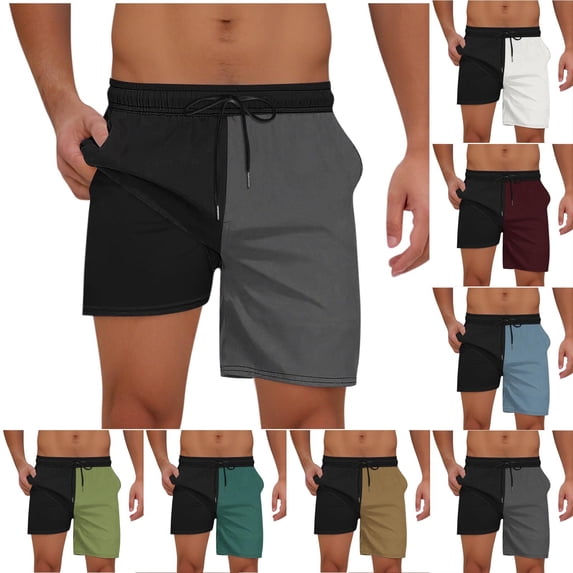 Akafmk Mens Beach Shorts Two-Layer Color Print with Pockets Drawstring Elastic Waist Shorts Pants L