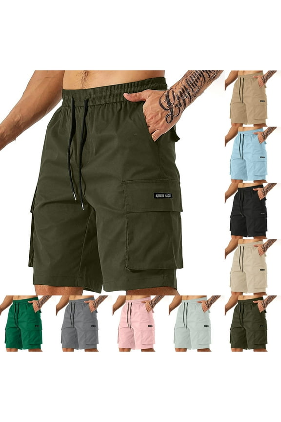 Mens Cargo Shorts Solid Color Gym Elastic Waist Drawstring Multi Pockets Athletic Training Shorts Pants XXXL