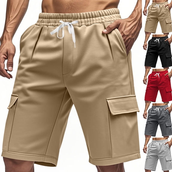 Akafmk Mens Cargo Shorts Summer Casual Solid Color Elastic Waist Drawstring Multi Pockets Fashion Shorts Pants XL