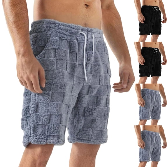 Akafmk Mens Fleece Checkered Shorts Solid Color Elastic Waist Drawstring Stretchy Shorts Pants S