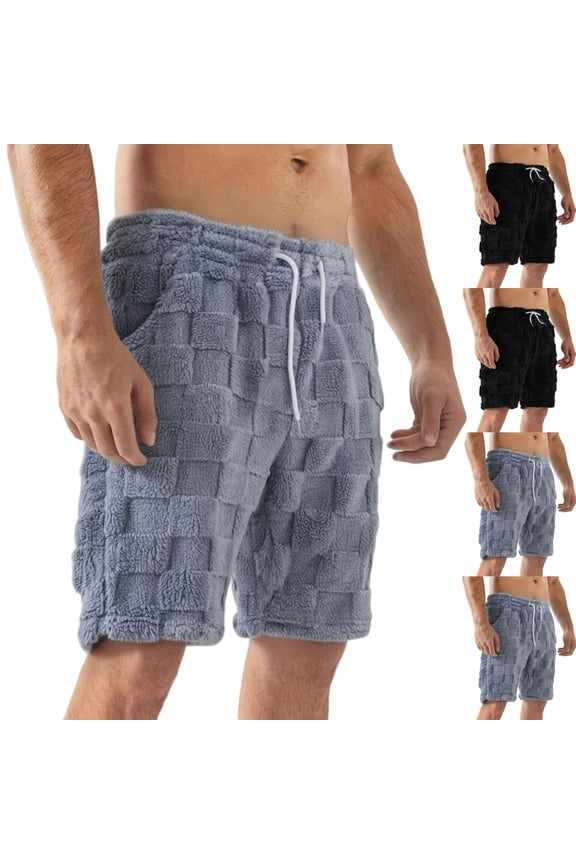 Mens Fleece Checkered Shorts Solid Color Elastic Waist Drawstring Stretchy Shorts Pants XXL