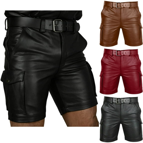 Akafmk Mens Leather Cargo Shorts Fashion Solid Color Button Multi Pockets 5" No Belt Shorts Pants XXL