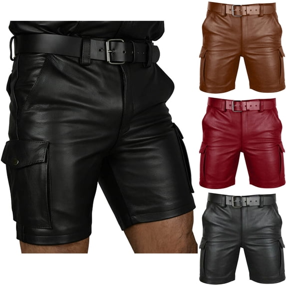 Akafmk Mens Leather Cargo Shorts Fashion Solid Color Button Multi Pockets 5" No Belt Shorts Pants XXXXXL